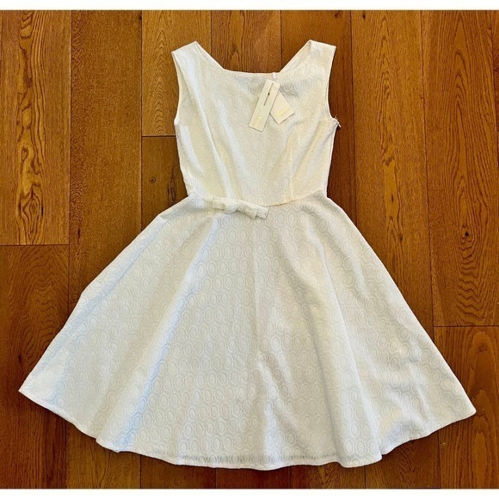 NWT Retro Lace Swing Dress Ivory Bow Waist Boat Neck A Line Bridal Cocktail M - Picture 4 of 17